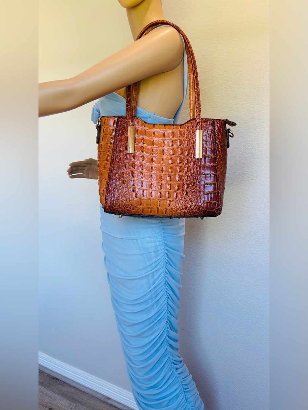 Croc-Embossed Shoulder Tote in Cognac Brown with Gold Accents and strap
